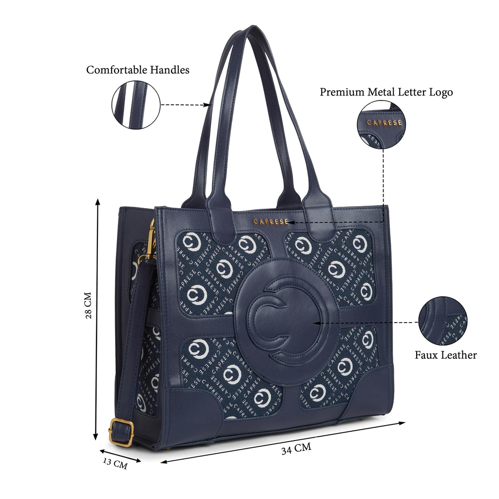 Caprese Florida Large Tote Bag for Women | Stylish & Durable Handbag with Adjustable & Detachable Strap, Back Zip Pocket | Fits 15–16 Inch Laptop | Perfect for Work, Travel & Daily Use (Navy)