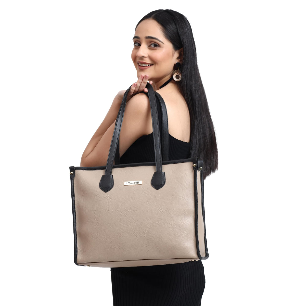 LEGAL BRIBE Women's Textured Tote Bag (Beige/Black)