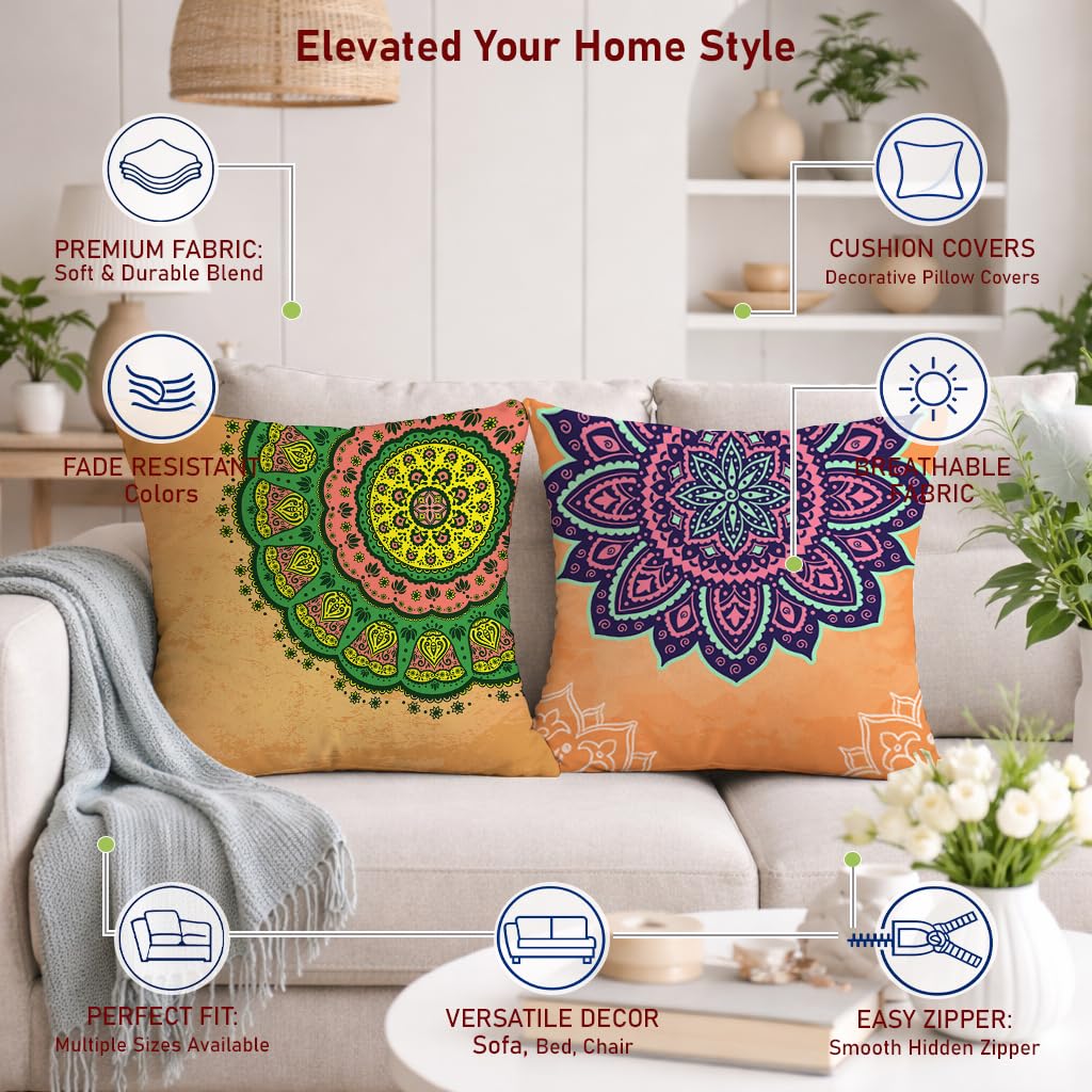 STITCHNEST Set of 2 Gajraj Folk Art Collection Printed Jute Cushion Covers 16x16 Inches | Decorative Throw Pillow Covers for Sofa, Living Room, Bedroom | Perfect for Home Decor