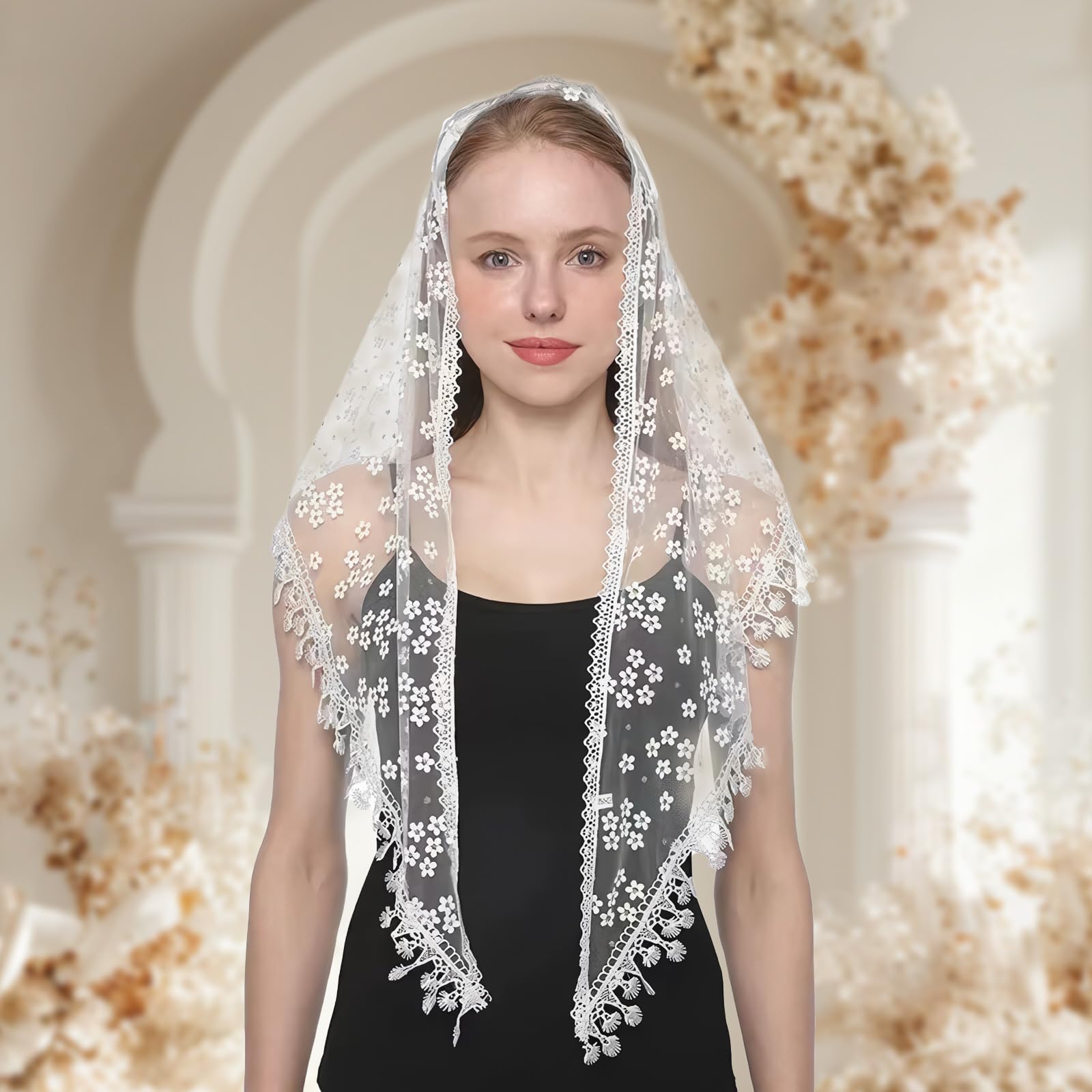 TecoKart Stole for Women, Head Scarf for Women White Shawl Lace Mantilla Veil Church Tassel Flower Triangle Scarf for Mass Wedding Bridesmaids, For Female