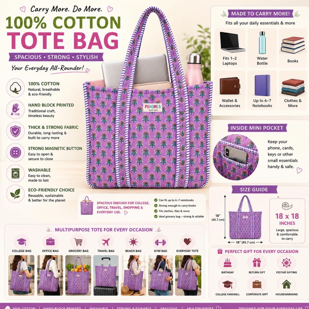 PShomes Large Cotton Tote Bag 18x18 Inches – 100% Cotton Shoulder Bag with Inner Pocket | Reusable Eco-Friendly Carry Bag for Laptop, Shopping, Travel & Daily Use (Purple-BLOCK)