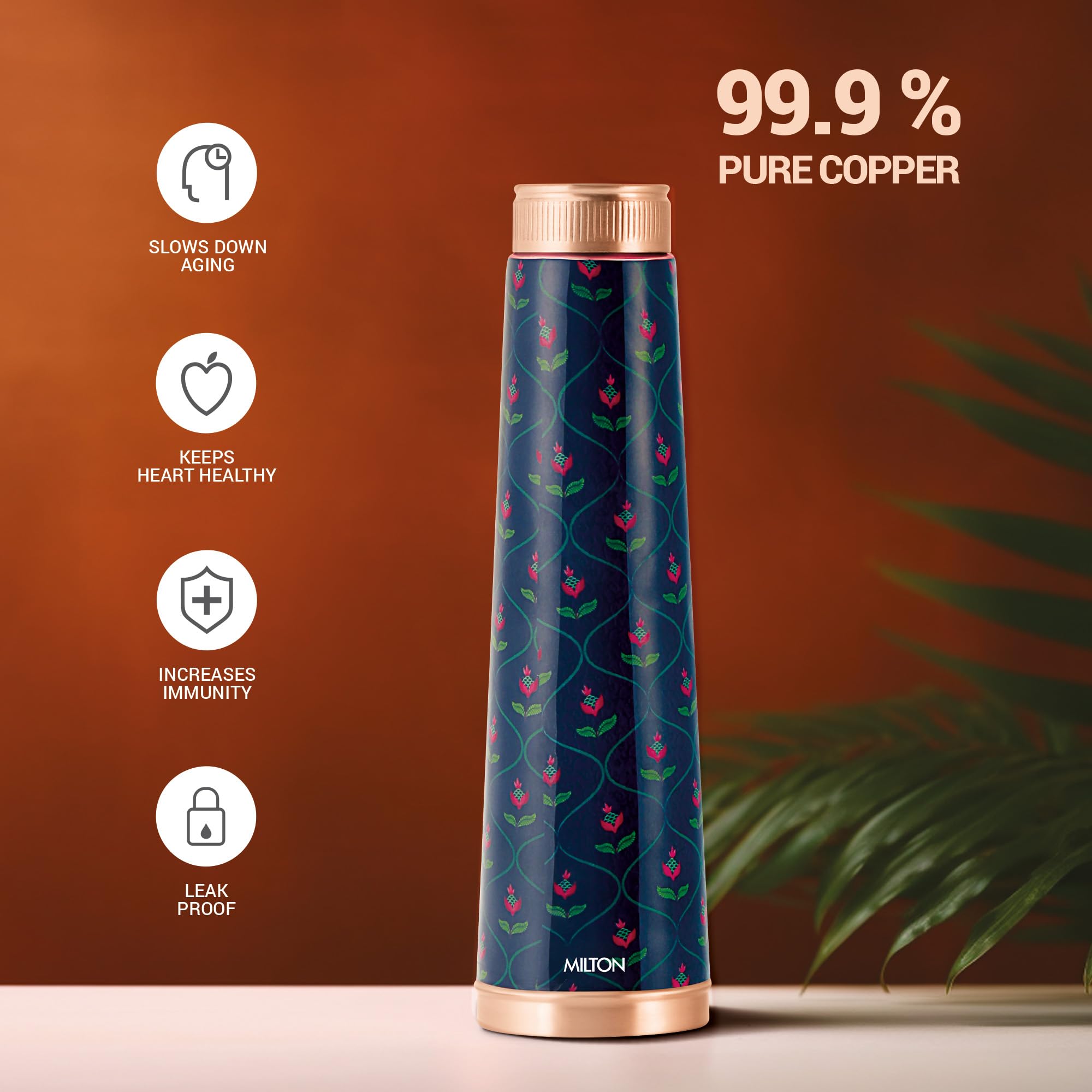 MILTON Copper Delight Design Water Bottle, 915 ml, Ethnic | Lacquer Coating, Curved Bottle | Diwali | Festive | Gifting | Yoga | Home | Kitchen | Vedic