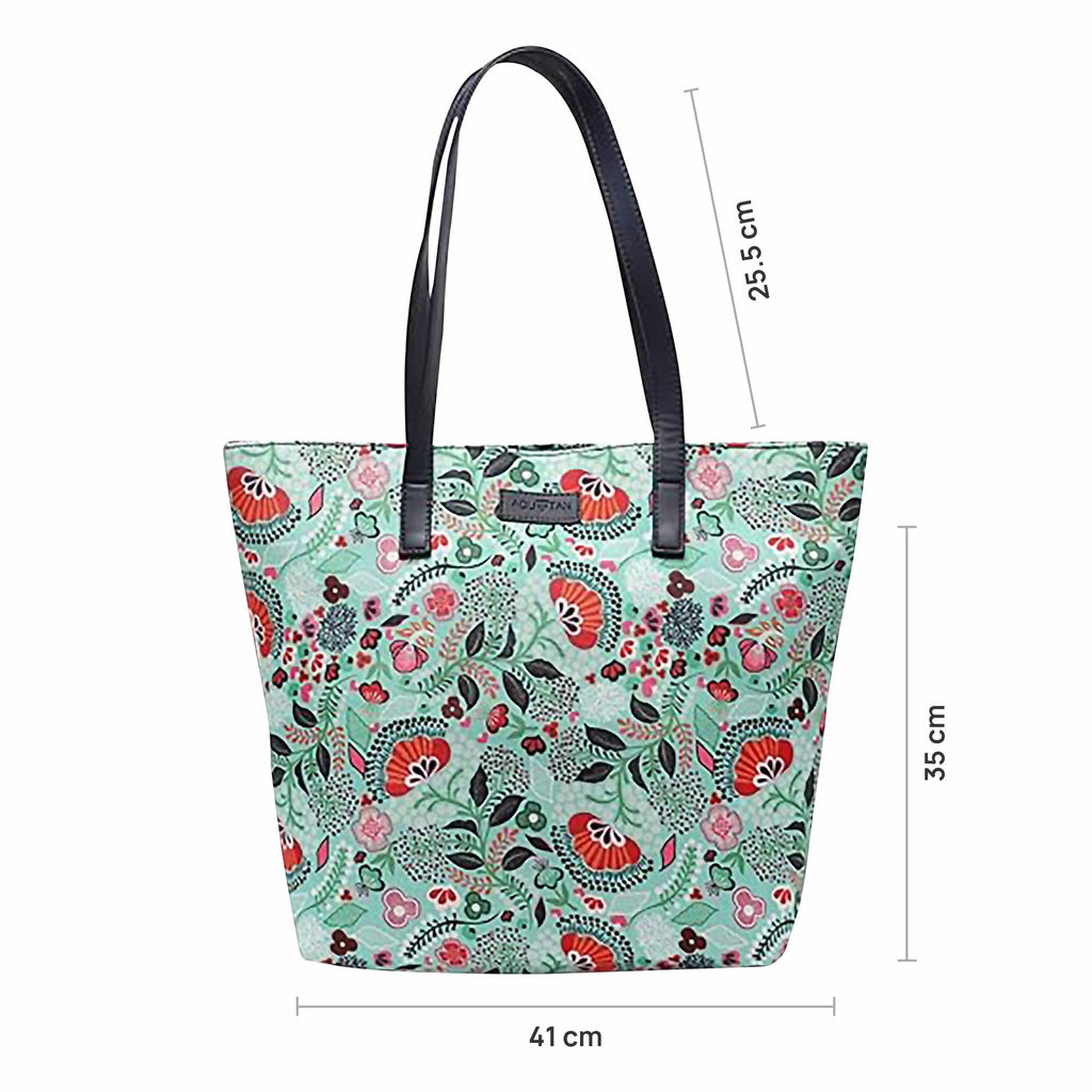 Aquatan Floral Green Vegan Leather PU Tote Bag – Spacious, Sturdy Handbag with Zip Compartment for Office & Travel