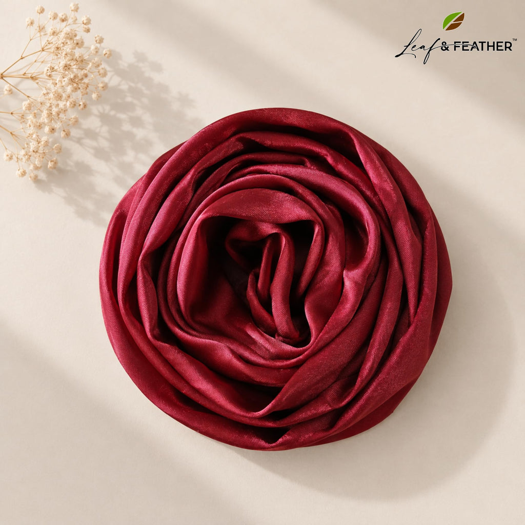 Leaf & FEATHER™ Muna Satin Hijab Scarf for Women | Pack of 2 Hijab Set | 200 x 70 cm | Silky Smooth & Lightweight | Premium Everyday Color Collection (8. Gold - Crimson Red)