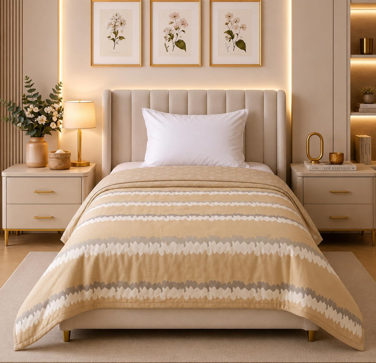BSB HOME Cotton Dohar for Single Bed, Lightweight AC Dohar Blanket, Soft Breathable Fabric, All-Season Comfort, Easy Care – 58 x 88 Inches (147 x 224 cm) (Beige & Grey) Kafalo