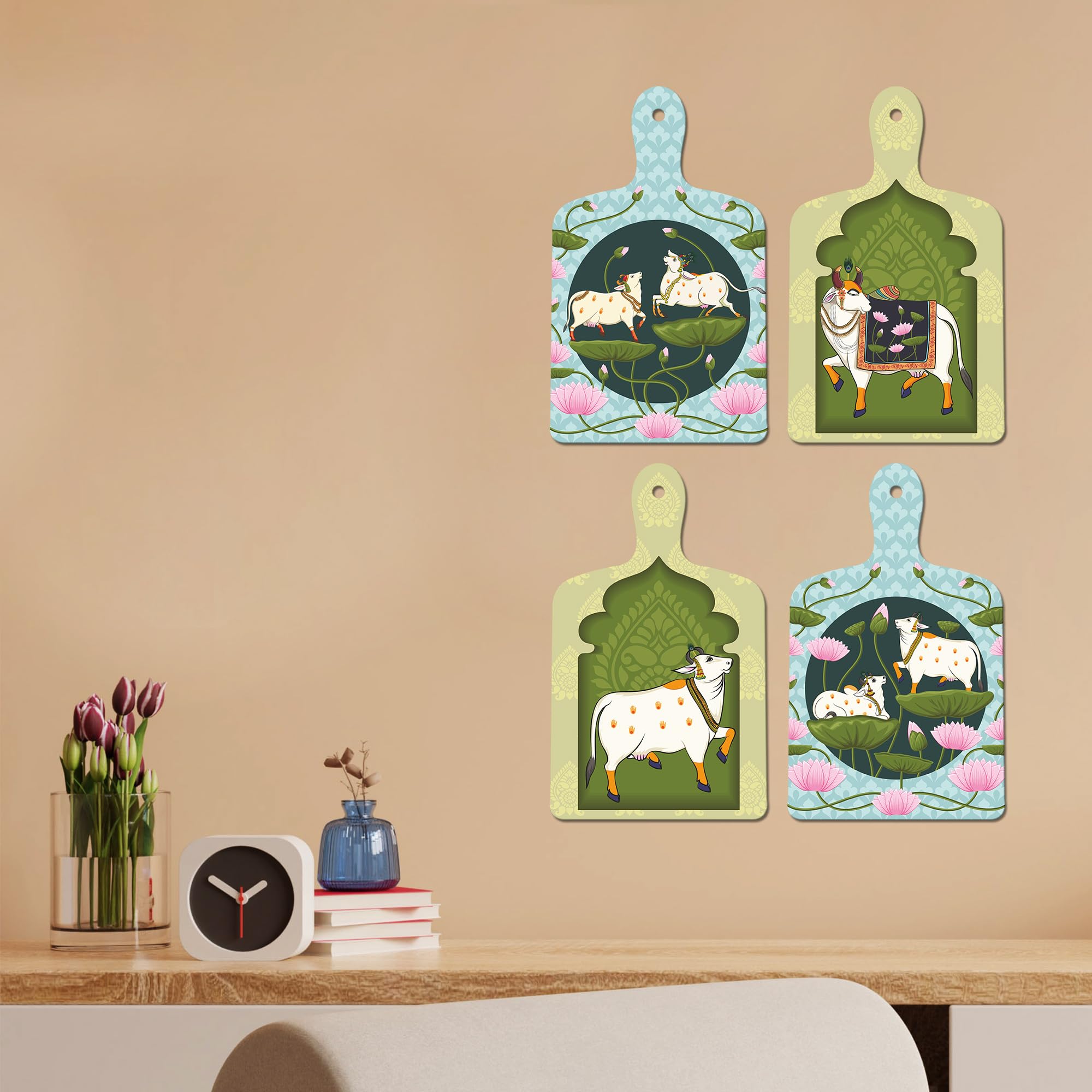 Artvibes Sacred Cows On Lotus Modern Pichwai Art Wooden Wall Hanger for Home Decor | Handcrafted Art | Festive Decor | Wall Illustrations | Paintings For Wall | Gift Items (WH_5644N), Set of 4