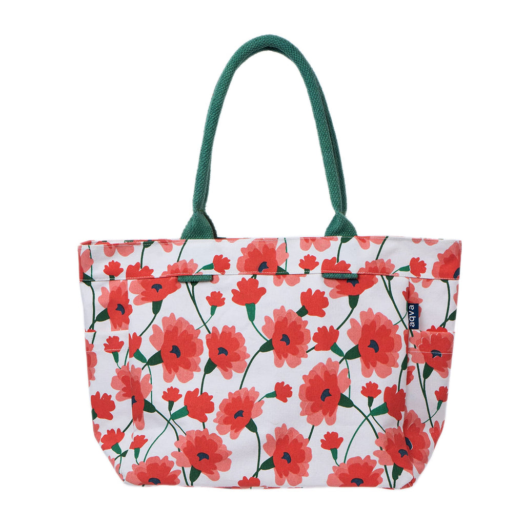 AQVA Cotton Canvas Tote Bag for Women with Side Pockets| Trendy Stylish Multipurpose Handbag with Zipper | Shoulder Bag for Shopping, Travel and Work | Carnation, Red
