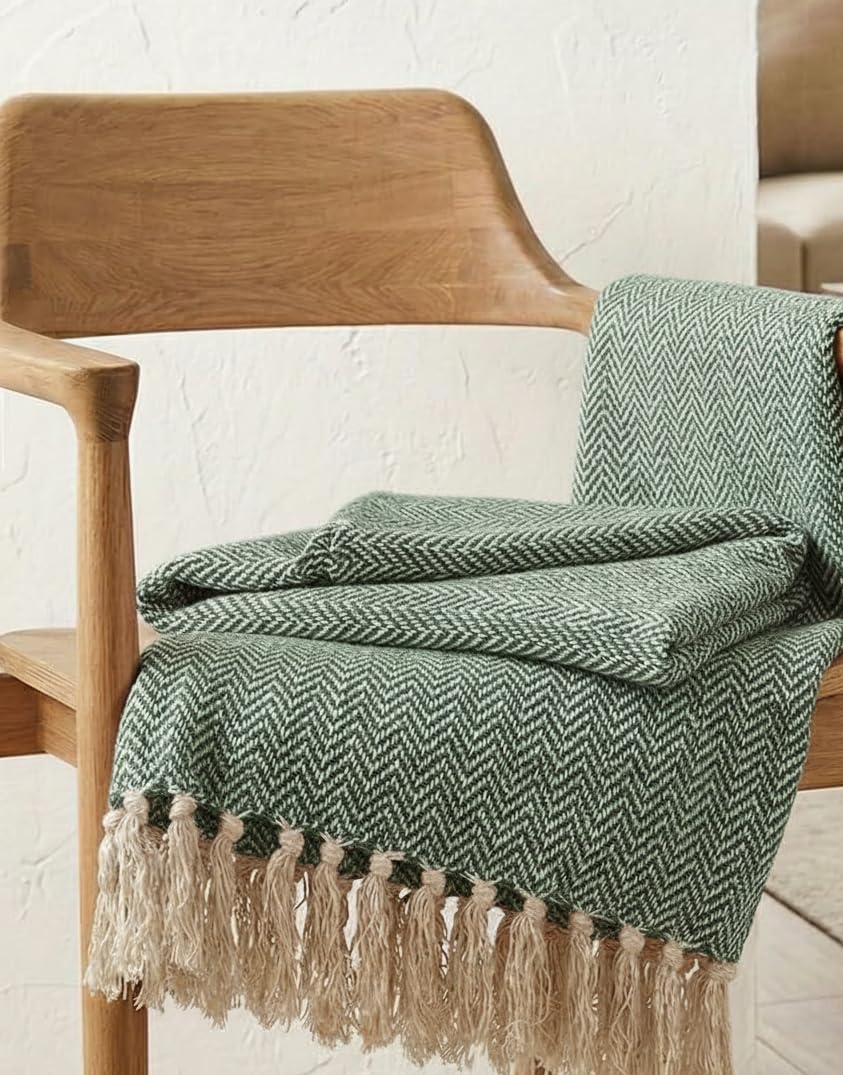 Furnistitchs Boho Cotton Sofa Throw - Chevron Zigzag Patterned Hand-Woven Throw Blanket with Tassels for Living Room, Bedroom, Car & Travel (Emerald Green, 50x60 inches) Kafalo