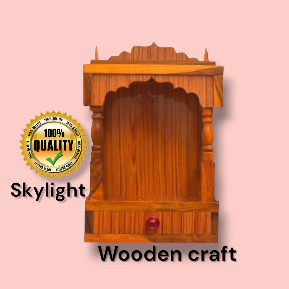 Skylight Wooden Temple Wall Mount, Traditional Design with Storage Drawer, Brown