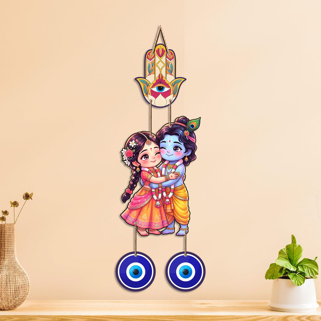 Artvibes Cute Radha Krishna Nazar Battu Wall Hanging for Main Door Entrance | Evil Eye Protection Decor for Home Temple Bedroom Office | Positive Energy Gift Item (WH_8579N)