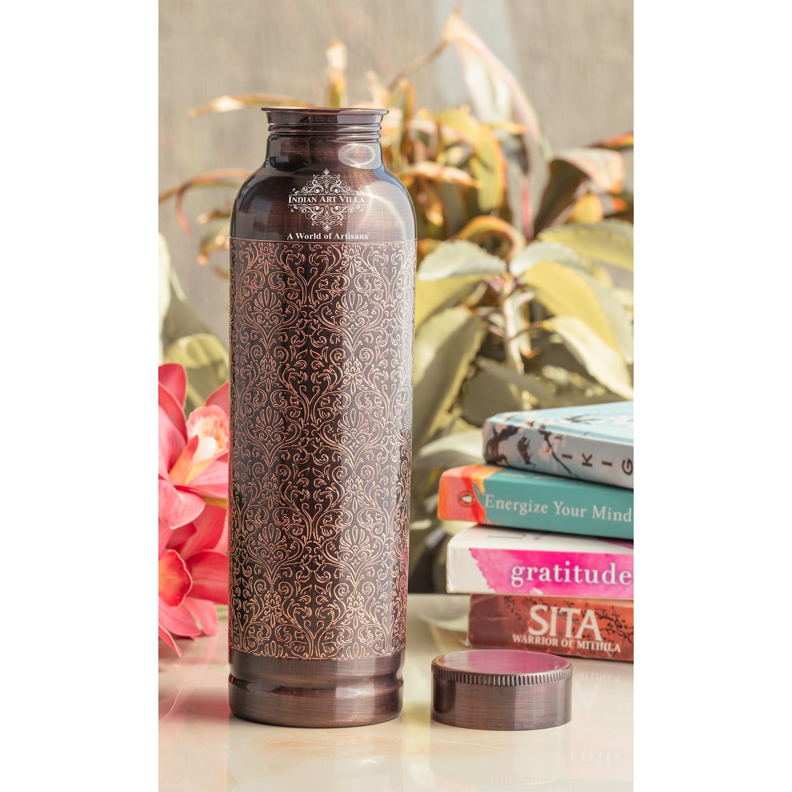 INDIAN ART VILLA Copper Antique Embossed Design Water Bottle – 900 ML, Pure Copper Ayurvedic Water Bottle for Drinkware & Storage, Ideal for Home, Office, Travel, and Gifting