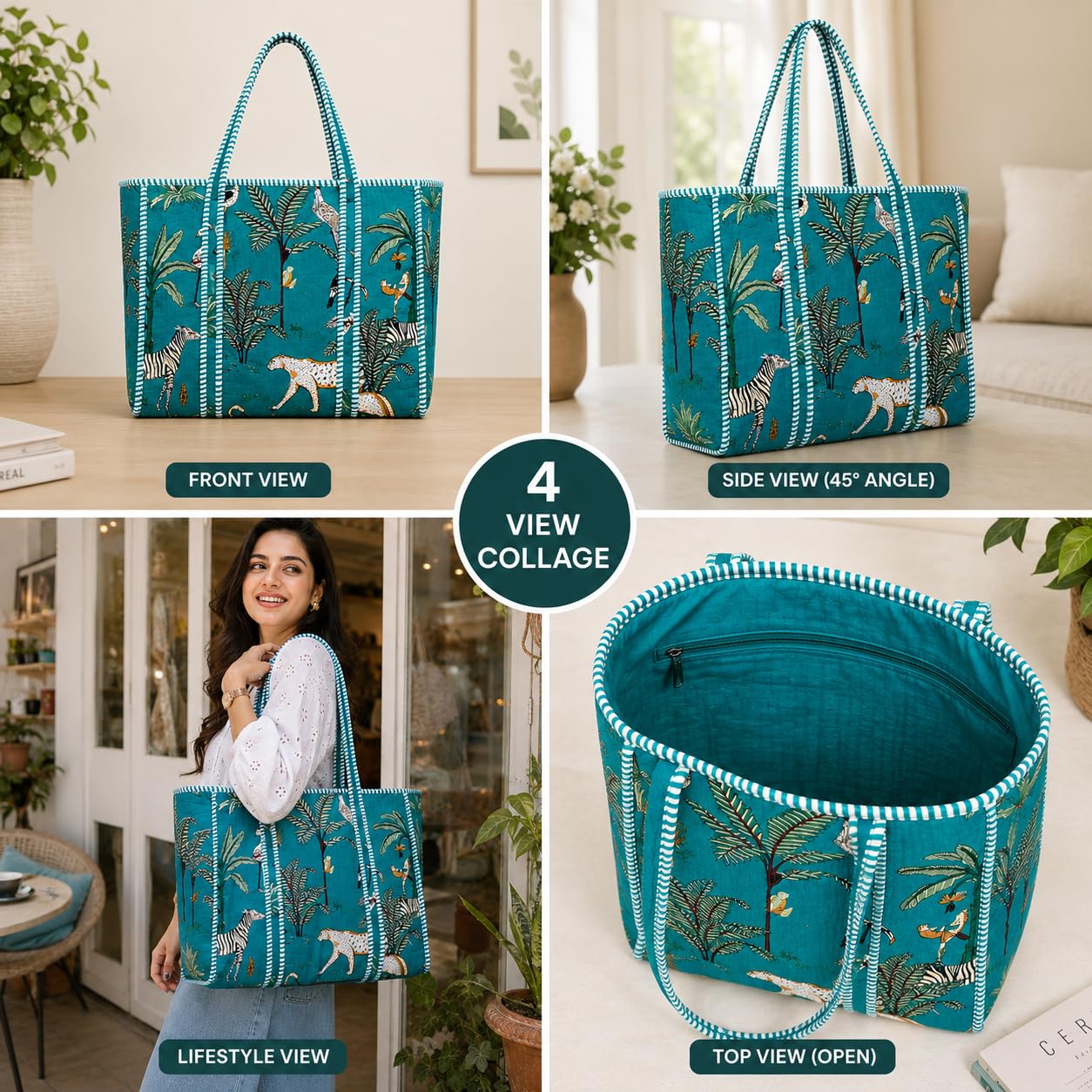 ArbaanHouse Cotton Tote Bag for Women, Printed Shopping Bag, 18 x 18 Inch, Reusable Large Carry Bag with Strong Handles