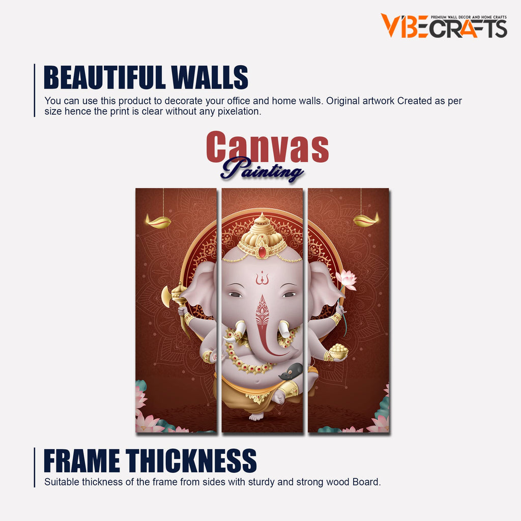 VIBECRAFTS 3 Pieces Beautiful Shree Ganesha Canvas Wall Painting Fitted With Wooden Frame For Home | Office | Living Room | Gifts (PTVC3Pcs1_9560)