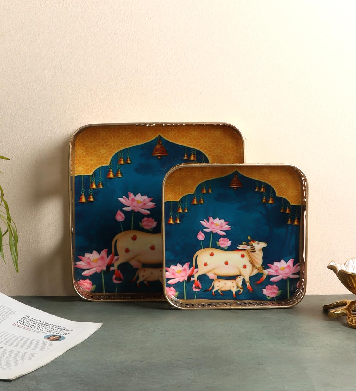 Two Moustaches Metal Square Shaped Cow with Calf Design Serving Tray Set (8 Inches & 10 Inches),Serving Plates for Home,Platters for Tea/Fruits/Snacks,Decorative Pichwai Tray,Multicolored,Pack of 2