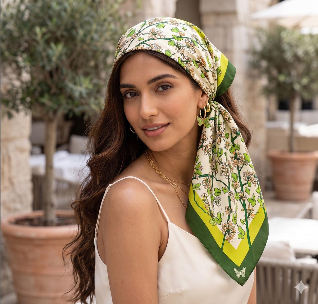 Etietnic Satin Square Head Scarf for Women,GREEN FLOWER Printed