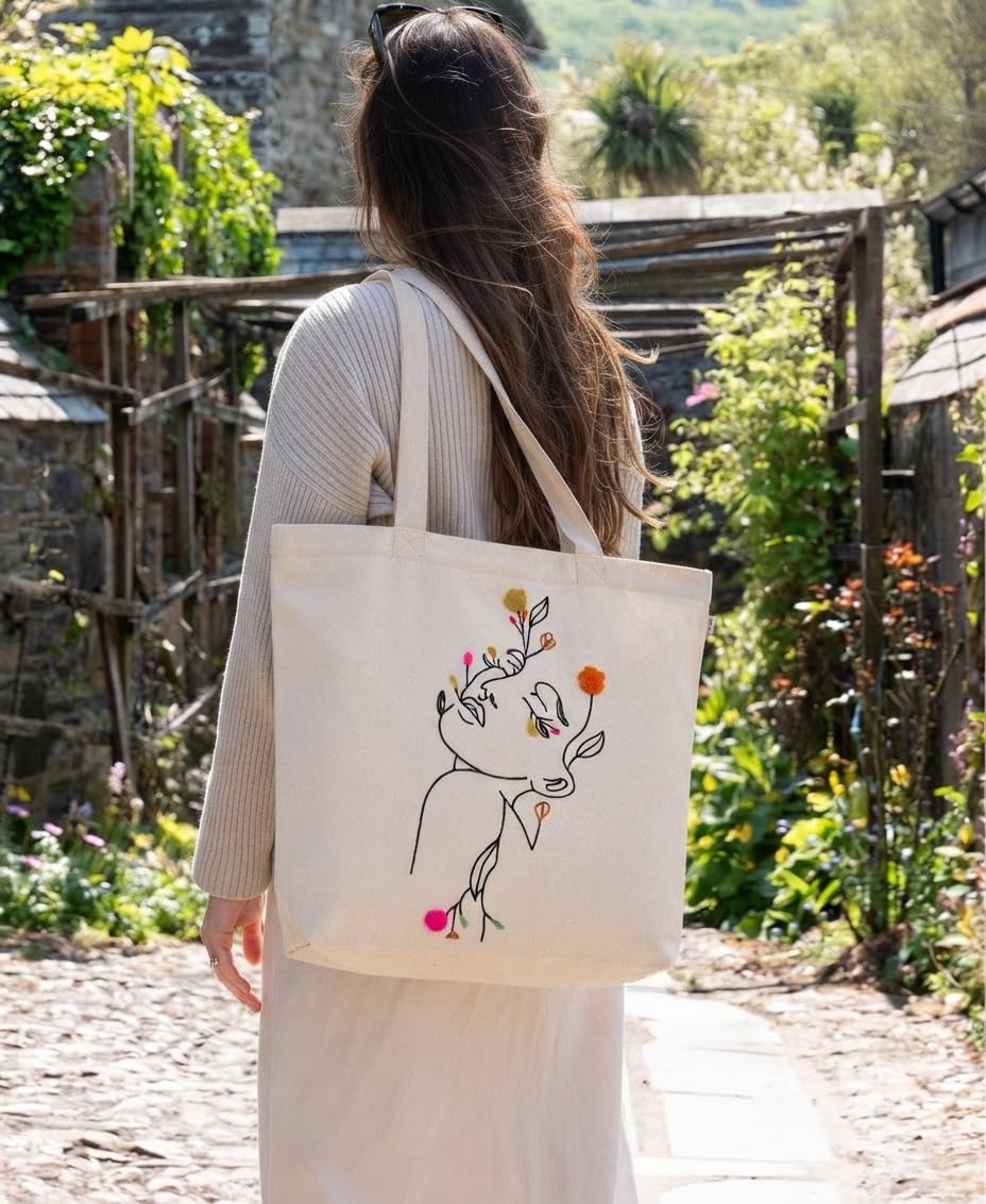 MASQ Premium ToteBag for Women with Zipper | Embroidered Foldable Shoulder Bag with Multiple Pockets | Spacious Handbag for College & Office | Eco-Friendly & Reusable (AP_TB_Girl_Face_01)