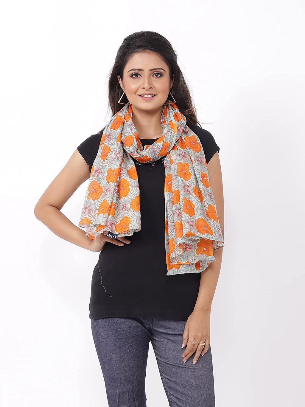 AQVA Printed Cotton Scarf for Women Stylish (Baghiya Aquamarine Orange) | Head and Face Cover Scarf for Girls with Cotton | Soft & Lightweight Scarves/Stoles for all Weather (72 x 43 in)