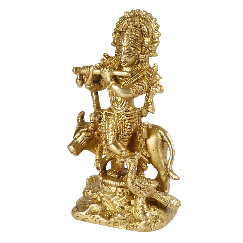 SVARUP Brass Krishna Bhagwan Idol with Gau MATA in Gold Color Height 4.75 Inch