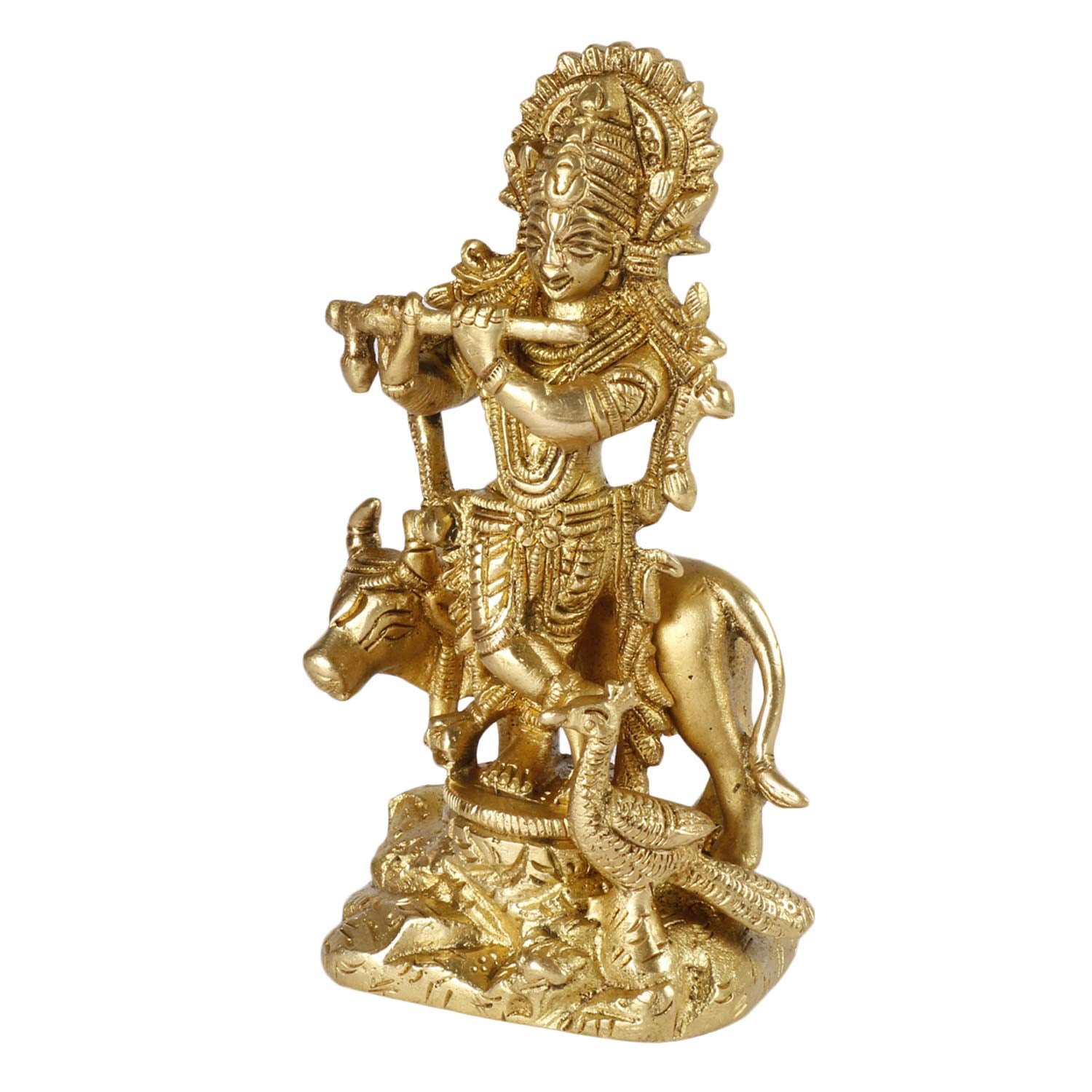 SVARUP Brass Krishna Bhagwan Idol with Gau MATA in Gold Color Height 4.75 Inch