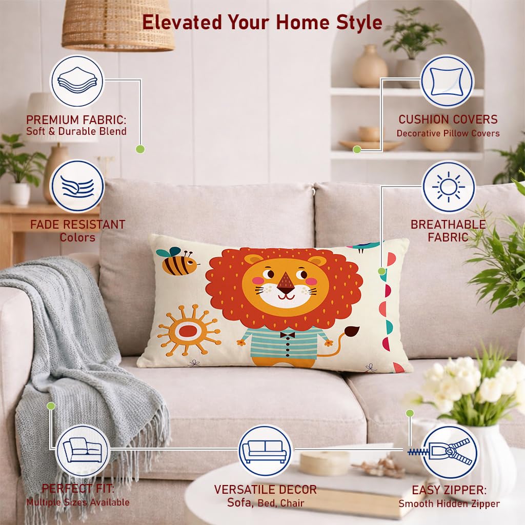 STITCHNEST Set of 2 Folk Art Animal Fantasy Collection Printed Polycotton Cushion Covers 12x18 Inches | Decorative Throw Pillow Covers for Sofa, Living Room, Bedroom | Perfect for Home Decor