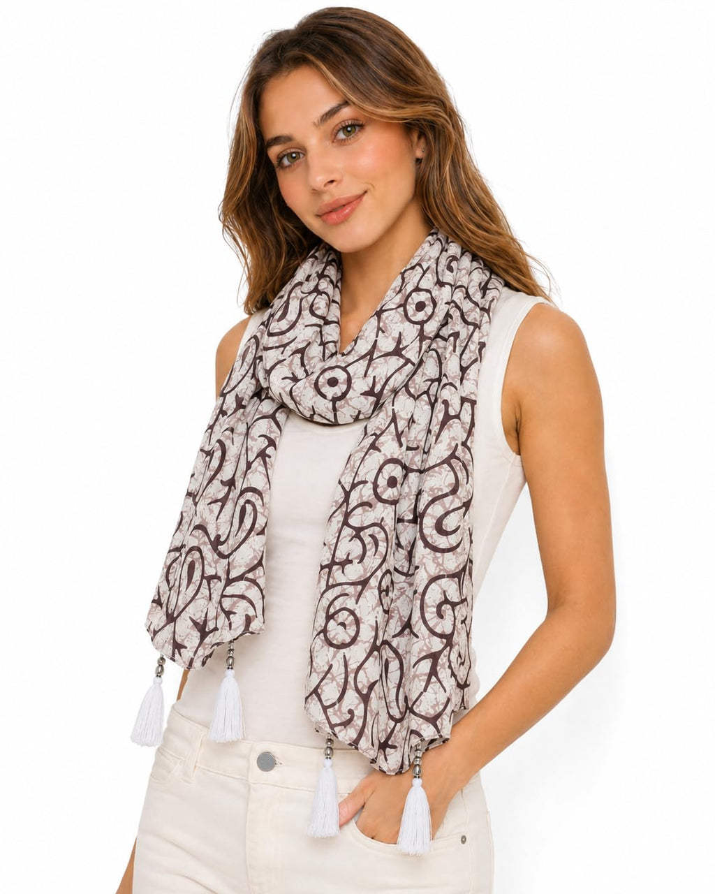 Women's Printed cotton Scarf with Tassels, Lightweight Boho Stole, 180x50 cm, All Seasons (red) (White)