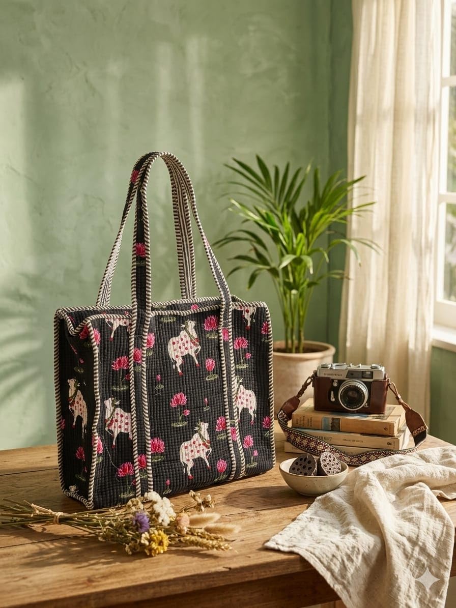 THE CURIO STREET Premium Cotton Tote Bag with Zip Closure I Quilted I Hand Block I Women's Shopping/College/Office/Everyday Bag, Shoulder Bag, 16x16 (Pichwai Art Print; Black)