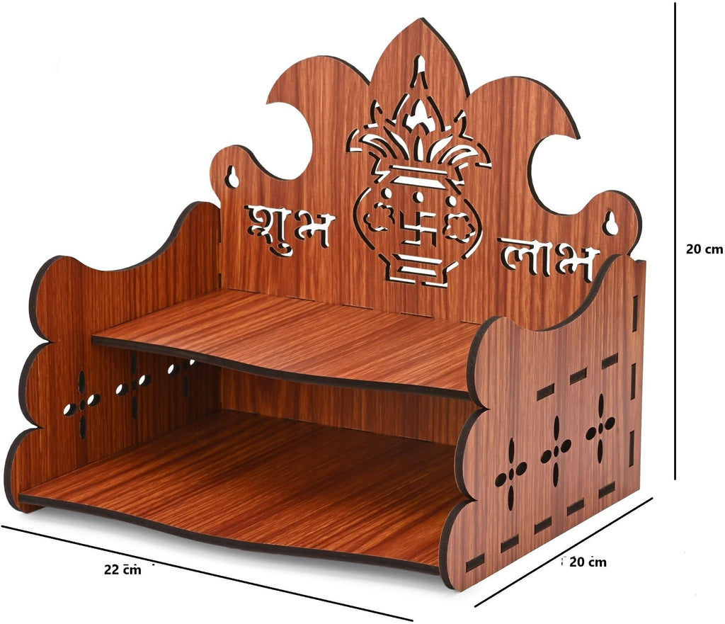 GOJEEVA KRAFT Engineered Wood Hand Crafted Carved Pattern Home Temple for Idols Temple for Home and Office I SUBH LABH Kalash | Set Top Box Stand I Wooden Mandir (Pack of 1) (Medium)