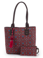 NEPRI Office Pouch Tote Bag | Stylish Set of 2 Tote Bags for Women| Vegan Leather & Handblock Printed Fabric Handbag with Double Handle Shoulder Strap| Daily & Travel Use | WPT-006-15