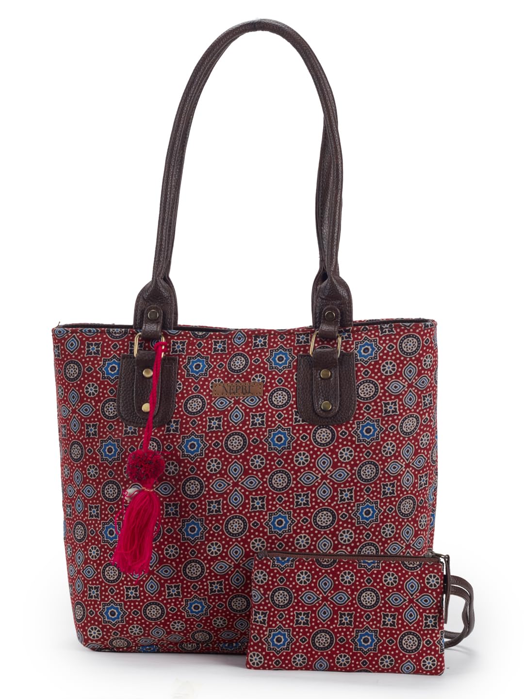 NEPRI Office Pouch Tote Bag | Stylish Set of 2 Tote Bags for Women| Vegan Leather & Handblock Printed Fabric Handbag with Double Handle Shoulder Strap| Daily & Travel Use | WPT-006-15