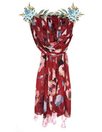 Chandwasia Fashion Floral Printed Scarf | Neck Shoulder Head Wrap Styling Dupatta Use | Polyester Chiffon Fabric Tassel Border Lightweight Pattern Women - Red