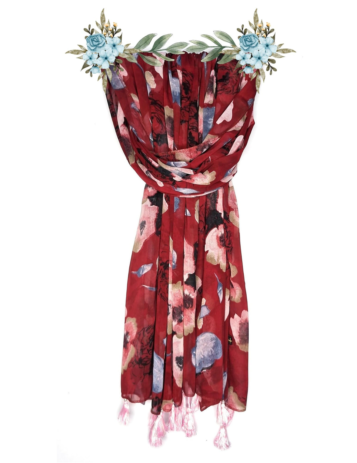 Chandwasia Fashion Floral Printed Scarf | Neck Shoulder Head Wrap Styling Dupatta Use | Polyester Chiffon Fabric Tassel Border Lightweight Pattern Women - Red