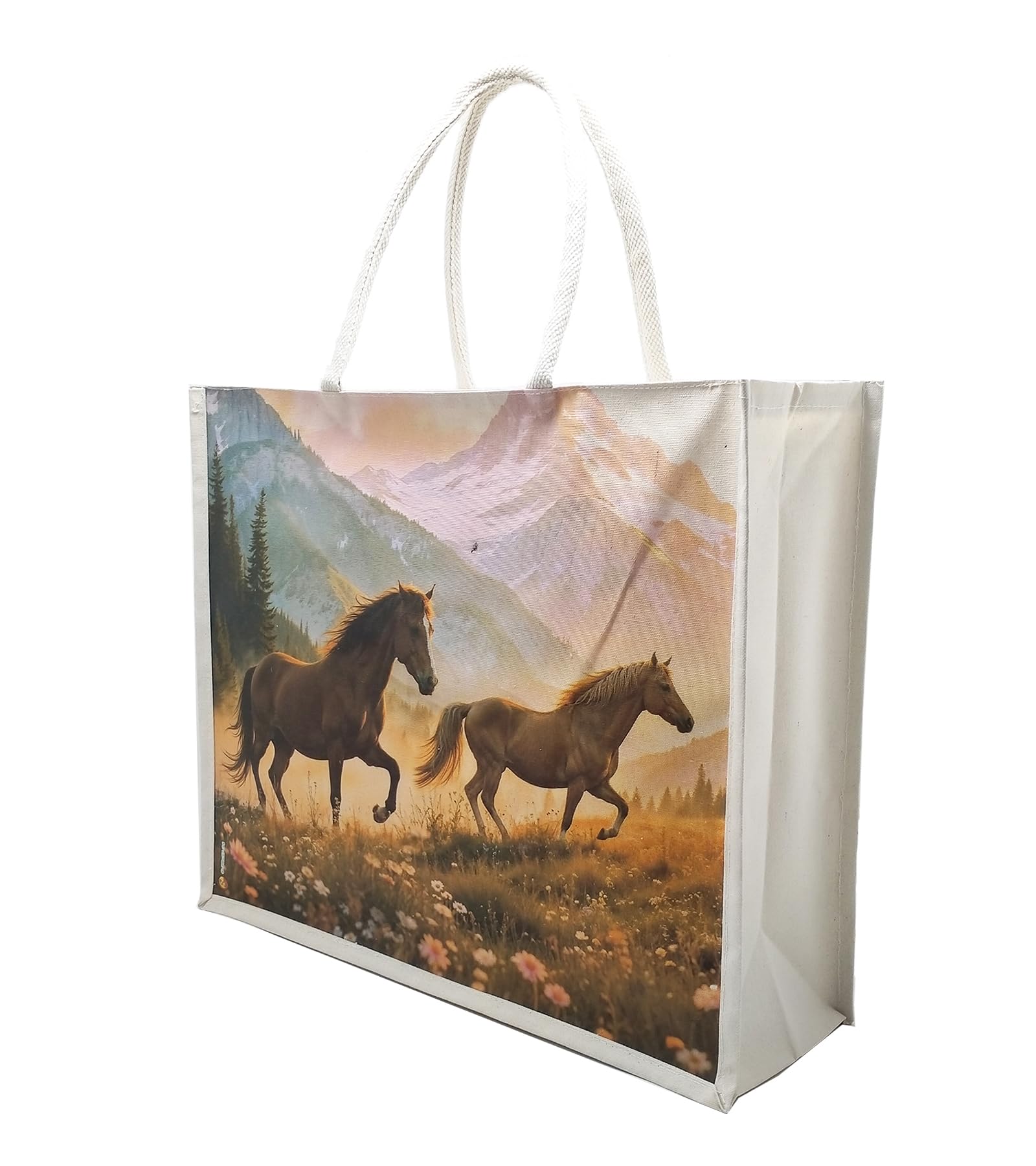 Sangra Large Cotton Canvas Reusable Bags for Travel, Grocery Shopping Bag, Multi-Purpose Bag, Sturdy Handle With Zipper Lock (20 inch X17 inch X7 Inch) (2 horses)