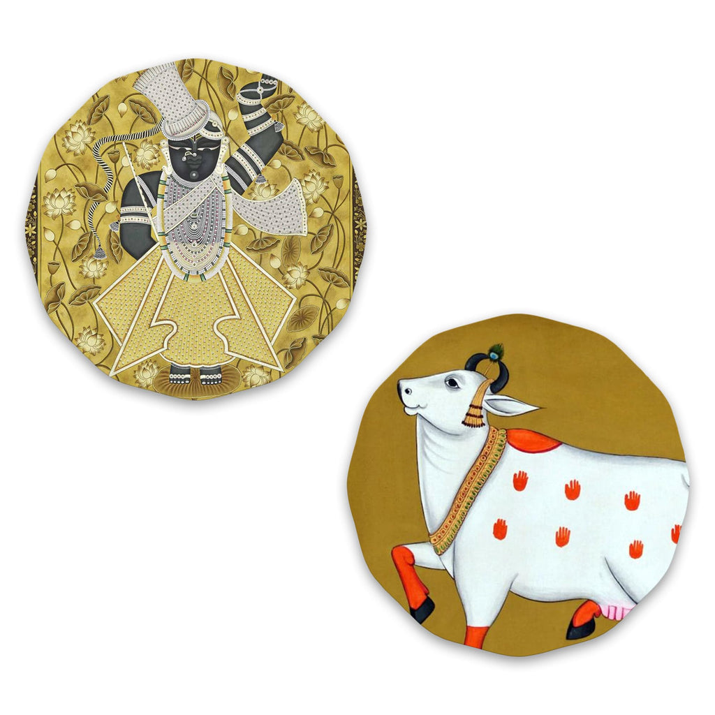 Artvibes Shrinath Ji & Cow Pichwai Art Round Shape MDF Wooden Wall Decor Items | Living Room | Handcrafted Art | Wall Poster | Aesthetic Wooden Decor | Art Print | Unique Gift (WH_8812N), Set of 2