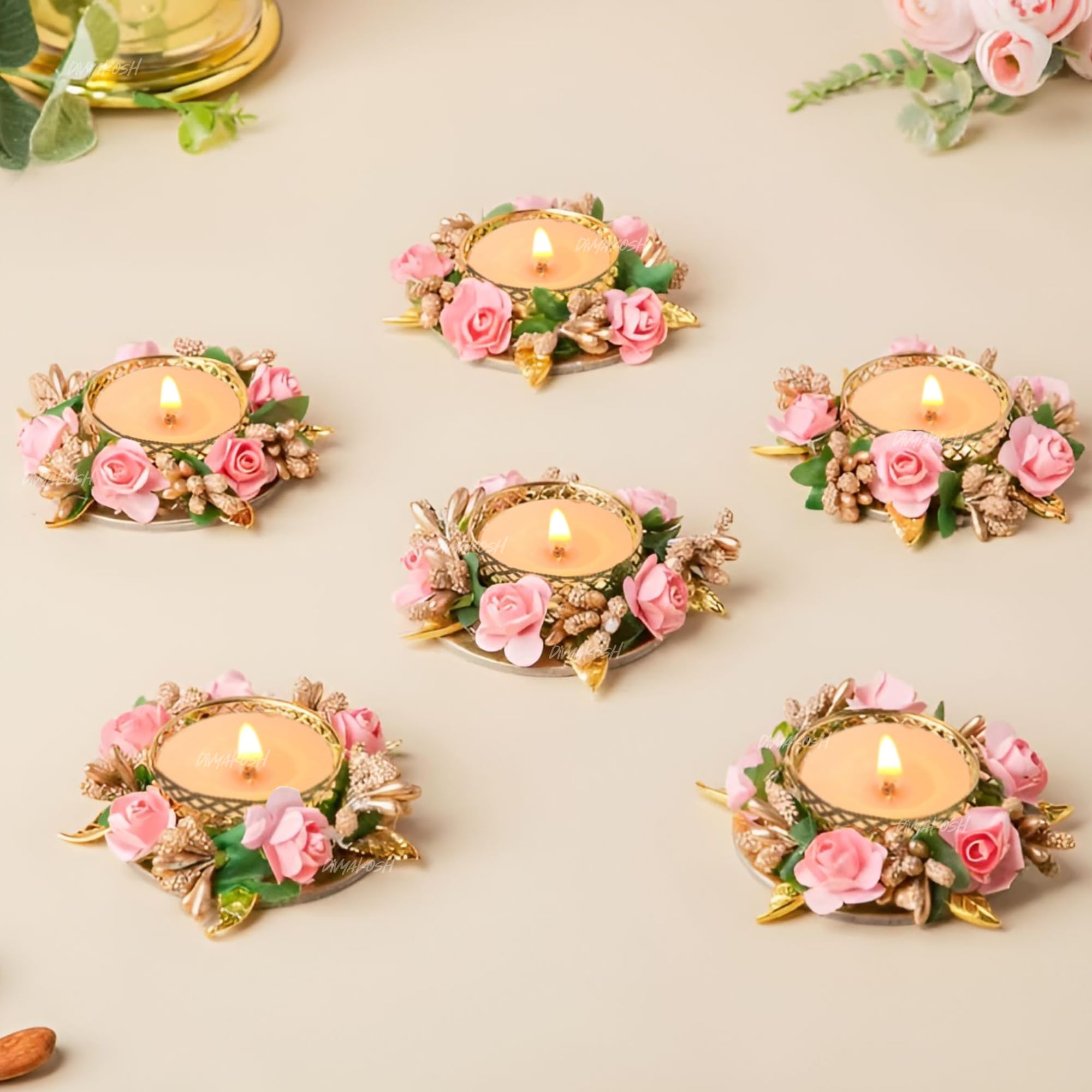 Divyakosh Metal Flower Tea Light Holder Stand Set of 6 Pcs with Wax Candle for Diwali,Rangoli,Handmade Tlight for Deepawali Decoration,Diya for Home Decor|Designer Holders,Multicolour