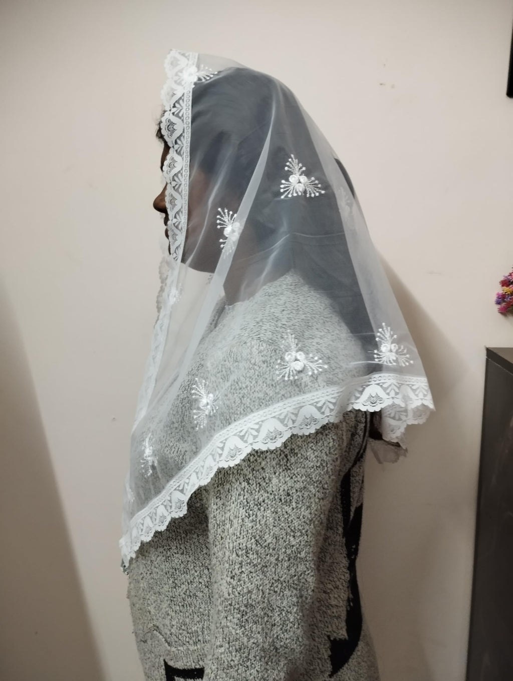 ELITE APRIL White Triangle Church Scarf(Christian scarf) with Floral Embroidery, with Wig Pin, for Women.