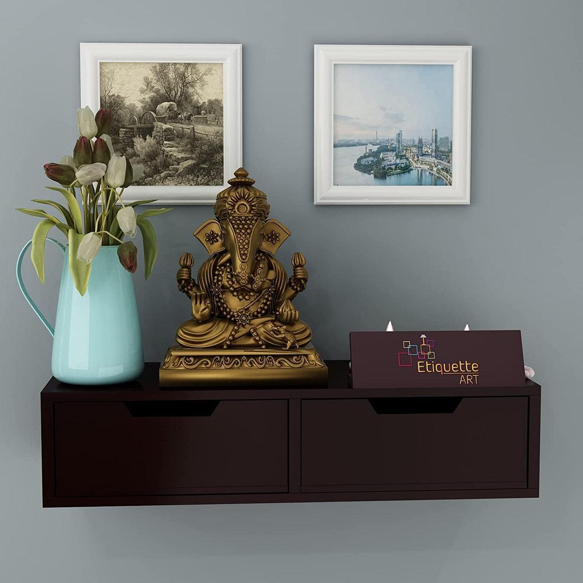 ETIQUETTE ART Wall Mounted Hanging Puja Temple Shelf with Drawer Stylish Wood God Stand for Pooja Room Mandir Stand for Temple (Brown)