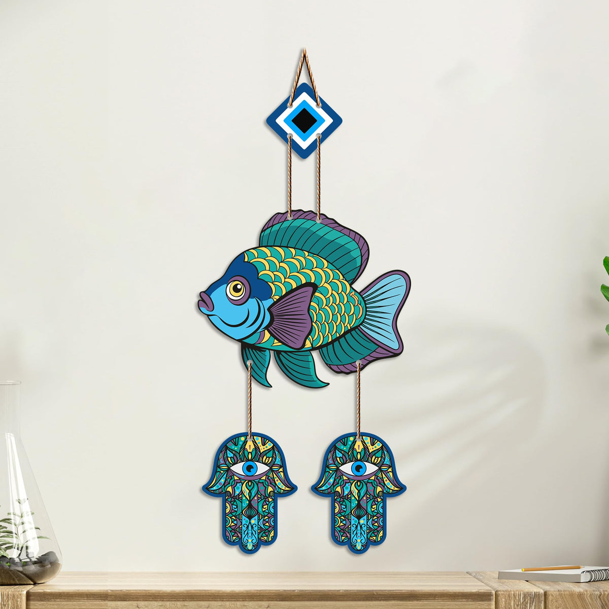 Artvibes Decorative Fish Evil Eye Hanging for Home Entrance | Nazar Battu MDF Wall Decor | Vastu Wall Art for Living Room | Bedroom | Balcony | Main Door & Office | Gift Item (WH_8534N)