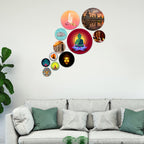 Artvibes Spiritual Buddha Meditation Round Shape MDF Wooden Wall Decor Items | Wall Art Painting For Hall | Wall Paintings | Handcrafted Art | Ethnic Wall Decor | Gift Items (WPS_110NN), Set of 11