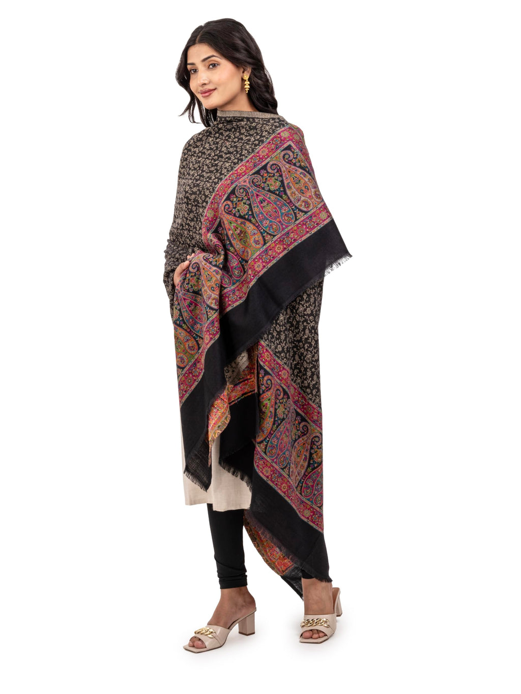 Naureen Women Pashmina Blend Kani Shawl with Paisley and Floral Border, Warm and Soft, 40x80 inch