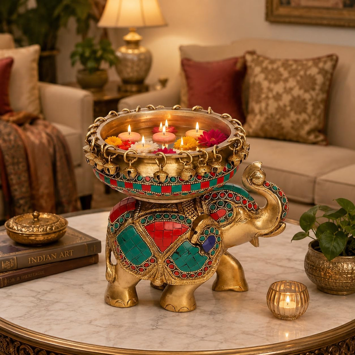 ARTVARKO Brass Multicolor Elephant Urli Decorative Urli Bowl for Flowers Handcrafted Round Floating Floral Candles Bowl for Home, Office, Living Room Decor Gift