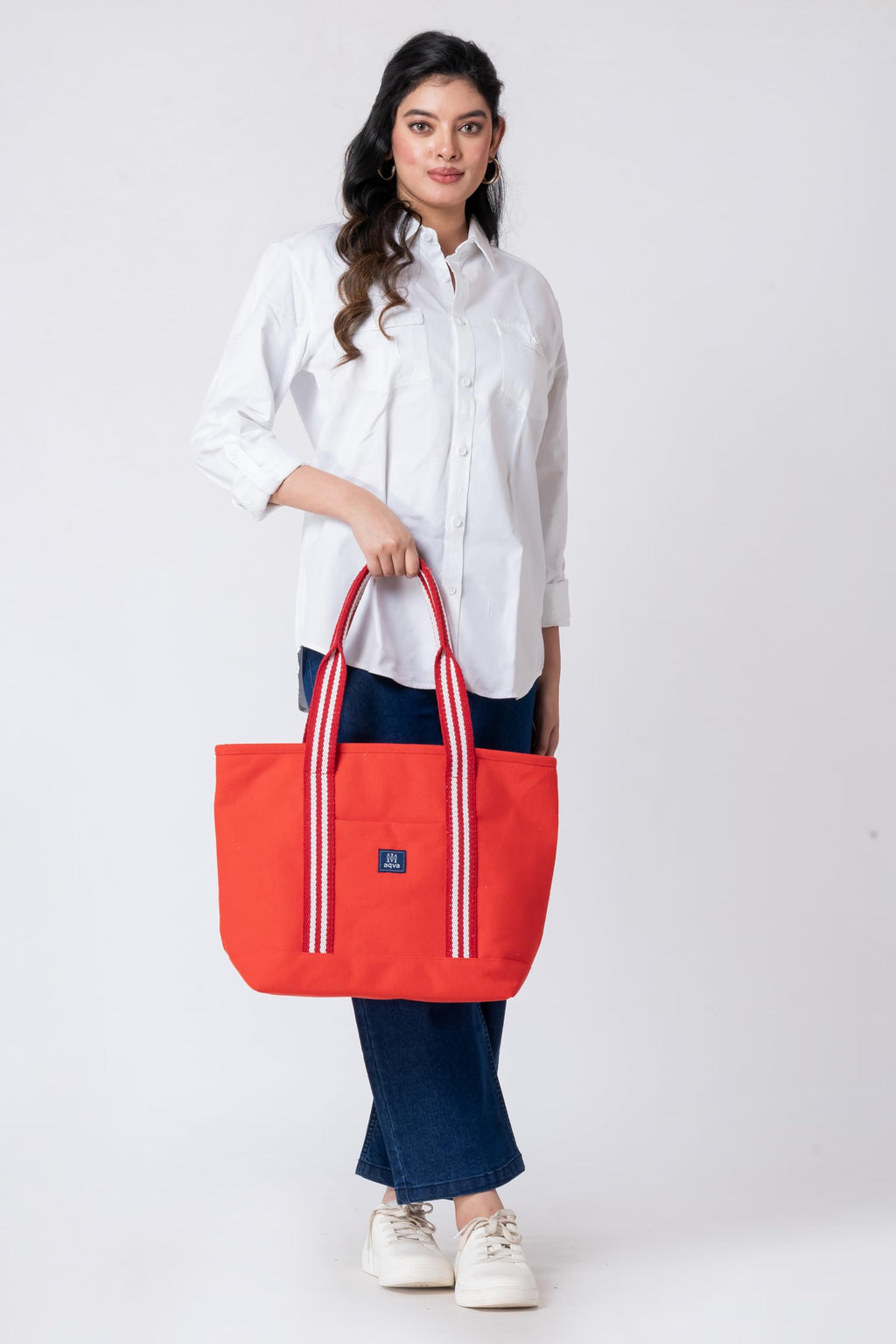 AQVA Signature Cotton Tote Bag for Everyday Use | Premium 100% Cotton Dobby Weave Handbag with Jacquard Handles, Zipper & Lining | Large Shoulder Bag for Travel, Office & Shopping (19x13x6_Red)
