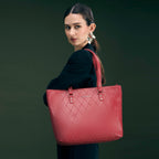 Caprese Claudiaa Large Quilted Faux Leather 16 Inch Laptop Tote Bag for Women | Stylish Handbag with Multi-Compartments & Secure Zipper Closure | Perfect for Office & Travel (Cherry Red)