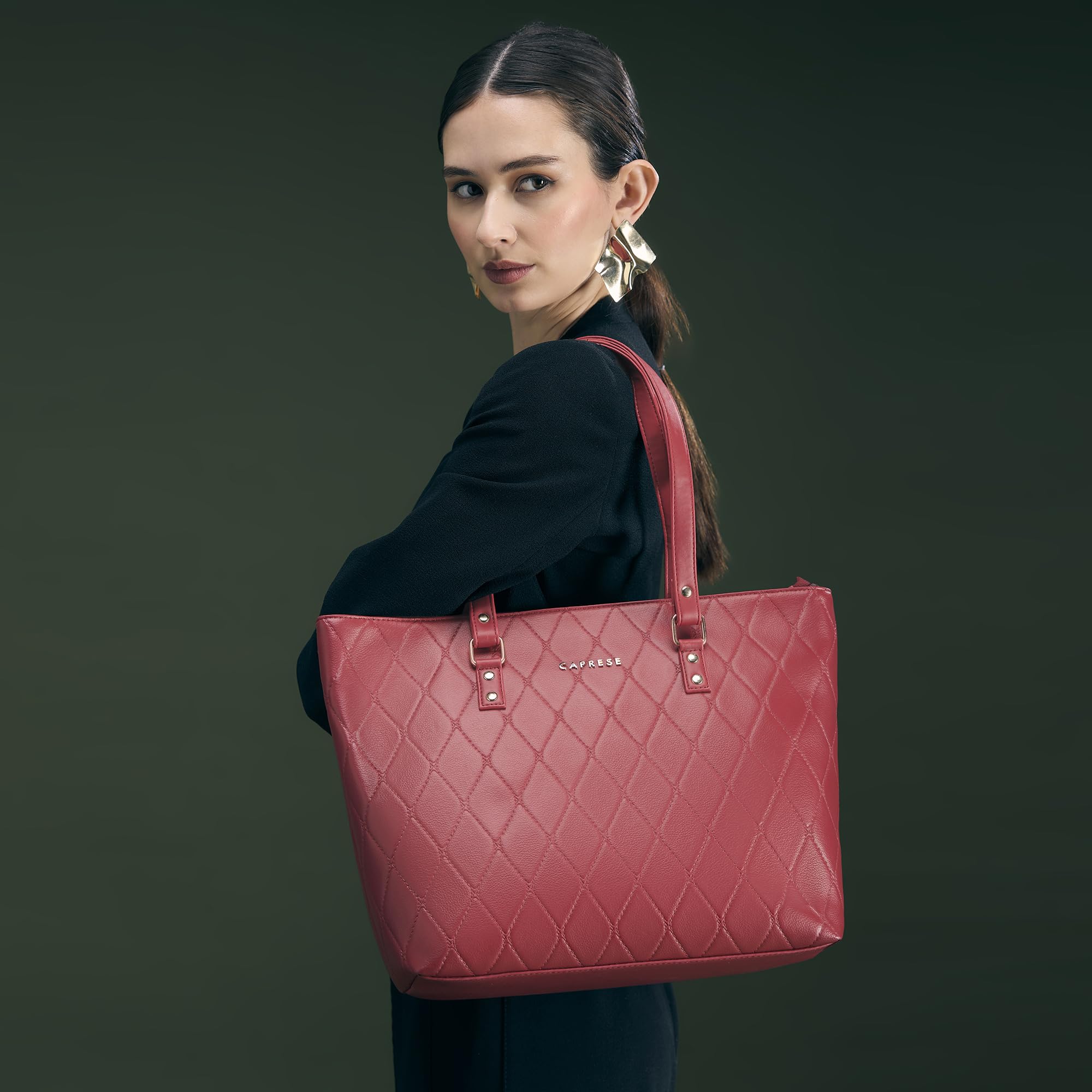 Caprese Claudiaa Large Quilted Faux Leather 16 Inch Laptop Tote Bag for Women | Stylish Handbag with Multi-Compartments & Secure Zipper Closure | Perfect for Office & Travel (Cherry Red)