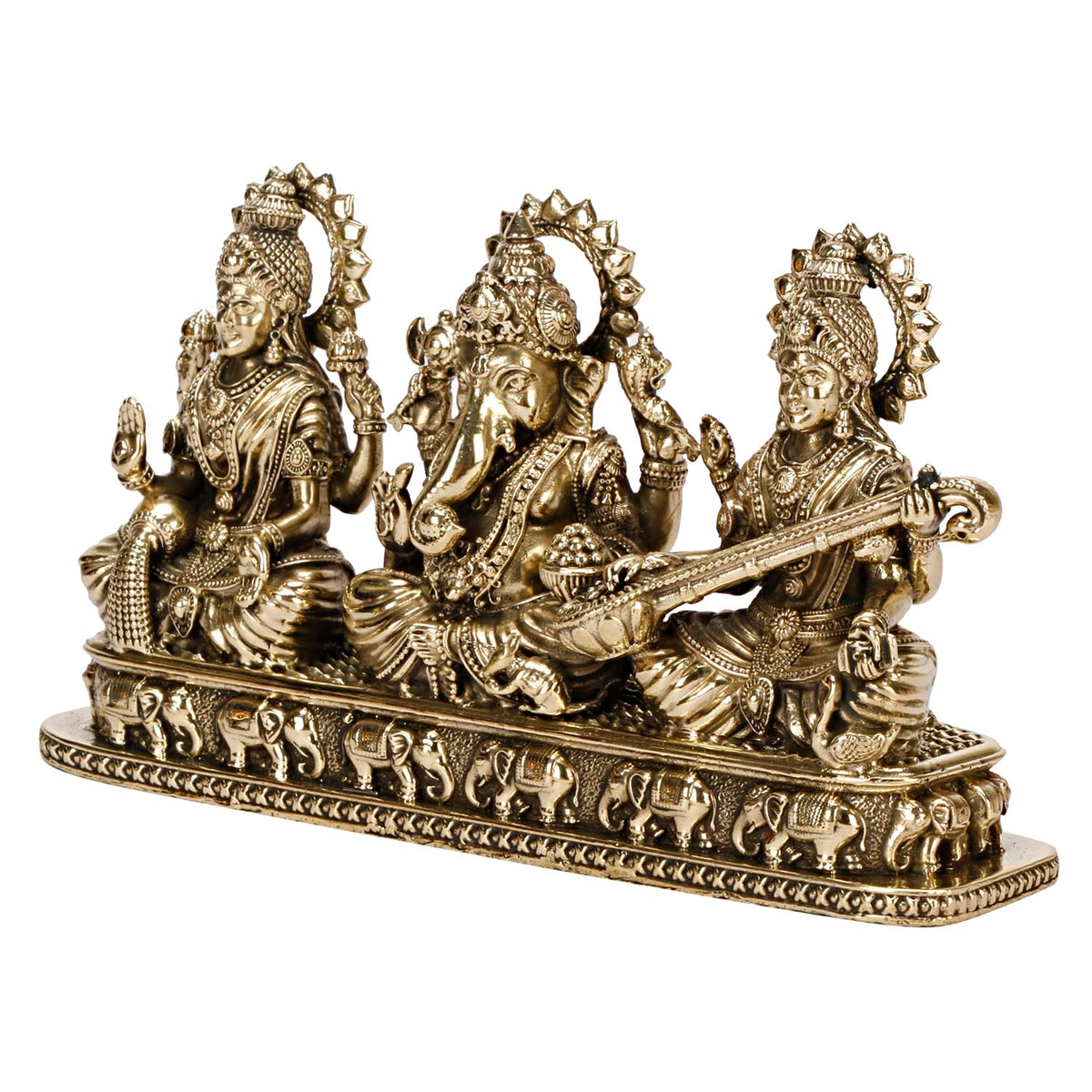 ARTVARKO Brass Laxmi Ganesha Saraswati Idol Lakshmi Ganesh Sarasvati Murti Statue Pooja Gift and Home Décor (Small Size 13.5x3x7 cm, 275 Gram)