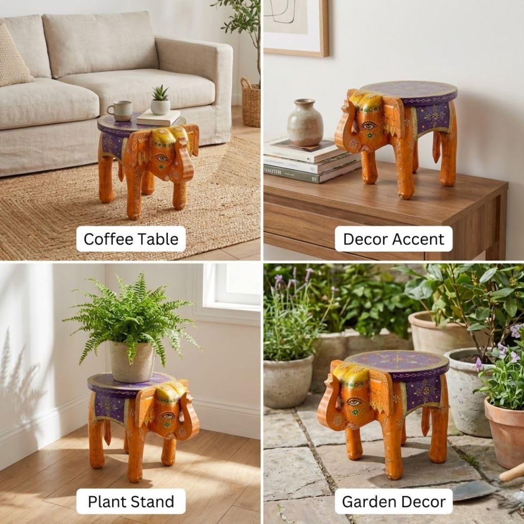 ATRANGI STUDIO Purple Orange Handpainted Wooden Elephant Stool Cum Showpiece | Mango Wood Traditional Multipurpose Stool for Living Room Decor & Mandir | Perfect for Plant Stand | 8x8x10 inch