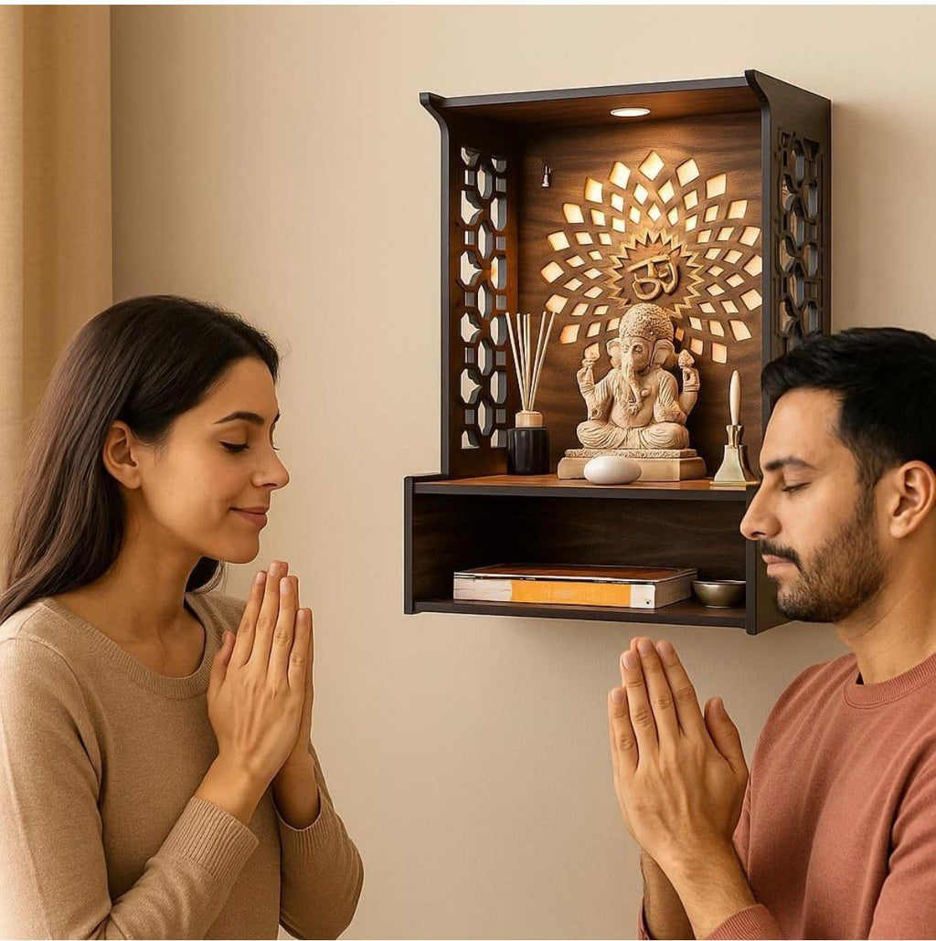 Bien Verrerie Premium Wooden Temple for Pooja, with Built-in LED Light, Decorative Jali Sides, Storage Shelf, 29.2 x 24.1 x 39.4 cm, Wooden Pooja Temple for Home, Office and Shop