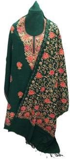 latest Womens pure woolen kashmiri embroidered salwar suit with heavy embroidery on shawl,winter wear,woollen kurta pant set dress material(UNSTITCHED FABRIC SET) by pure Pashmina wooltex.B.GREEN
