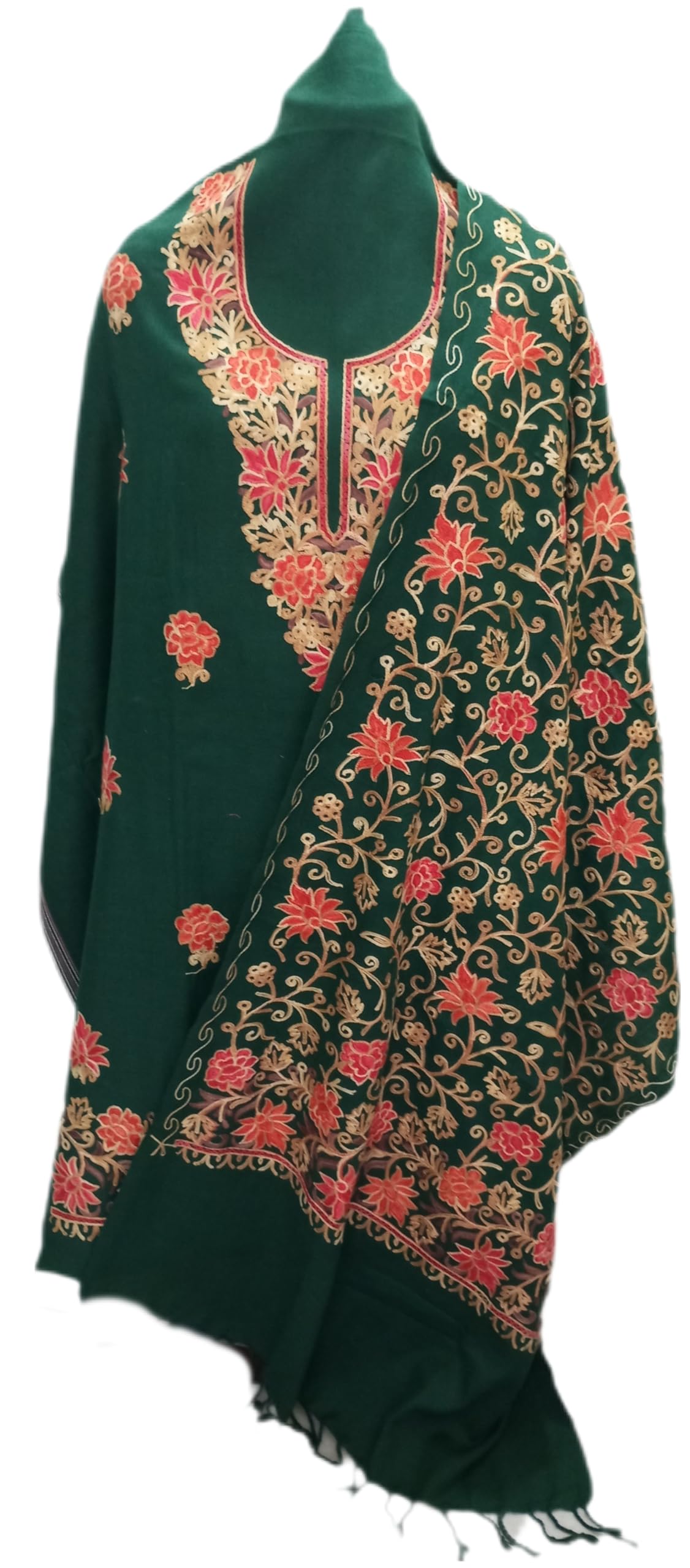 latest Womens pure woolen kashmiri embroidered salwar suit with heavy embroidery on shawl,winter wear,woollen kurta pant set dress material(UNSTITCHED FABRIC SET) by pure Pashmina wooltex.B.GREEN