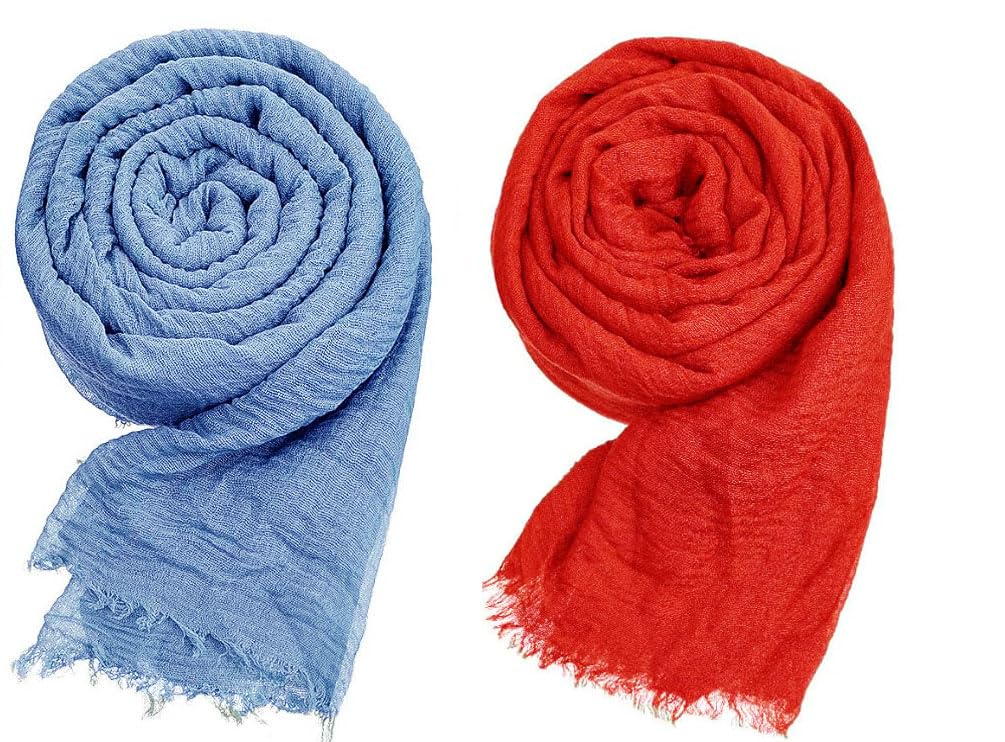 ICW Women's UV Protection Light Weight Wrinkle Ironless Crinkle Cotton Hemp Summer Scarf Stoles Shawl head scarves for girls (Pack of 2) (Sky Blue- Pink)
