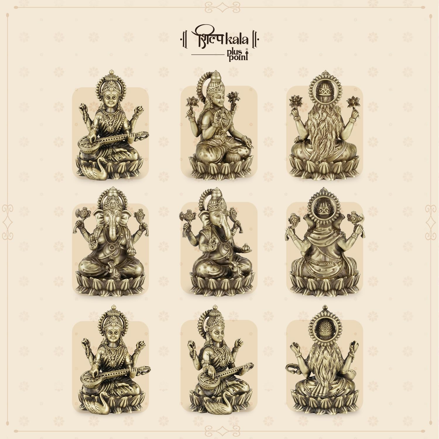 Shilpkala 5 Inch Ganesh, Laxmi & Saraswati Ji Brass Idol (Statue, Murti) for Table, Home & Office Decor, Worship & Gift